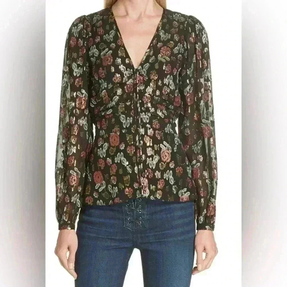 Veronica Beard Joyce Metallic Floral Silk Blend Blouse Black Gold Size XS